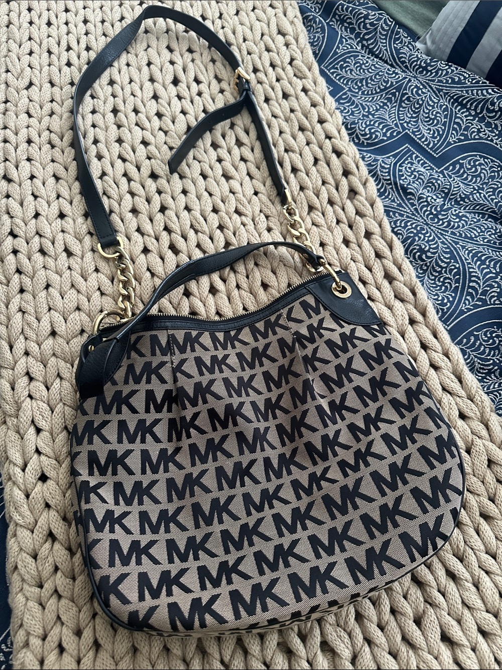 Michael Kors Tan MK Monogram Shoulder Bag with Black Trim